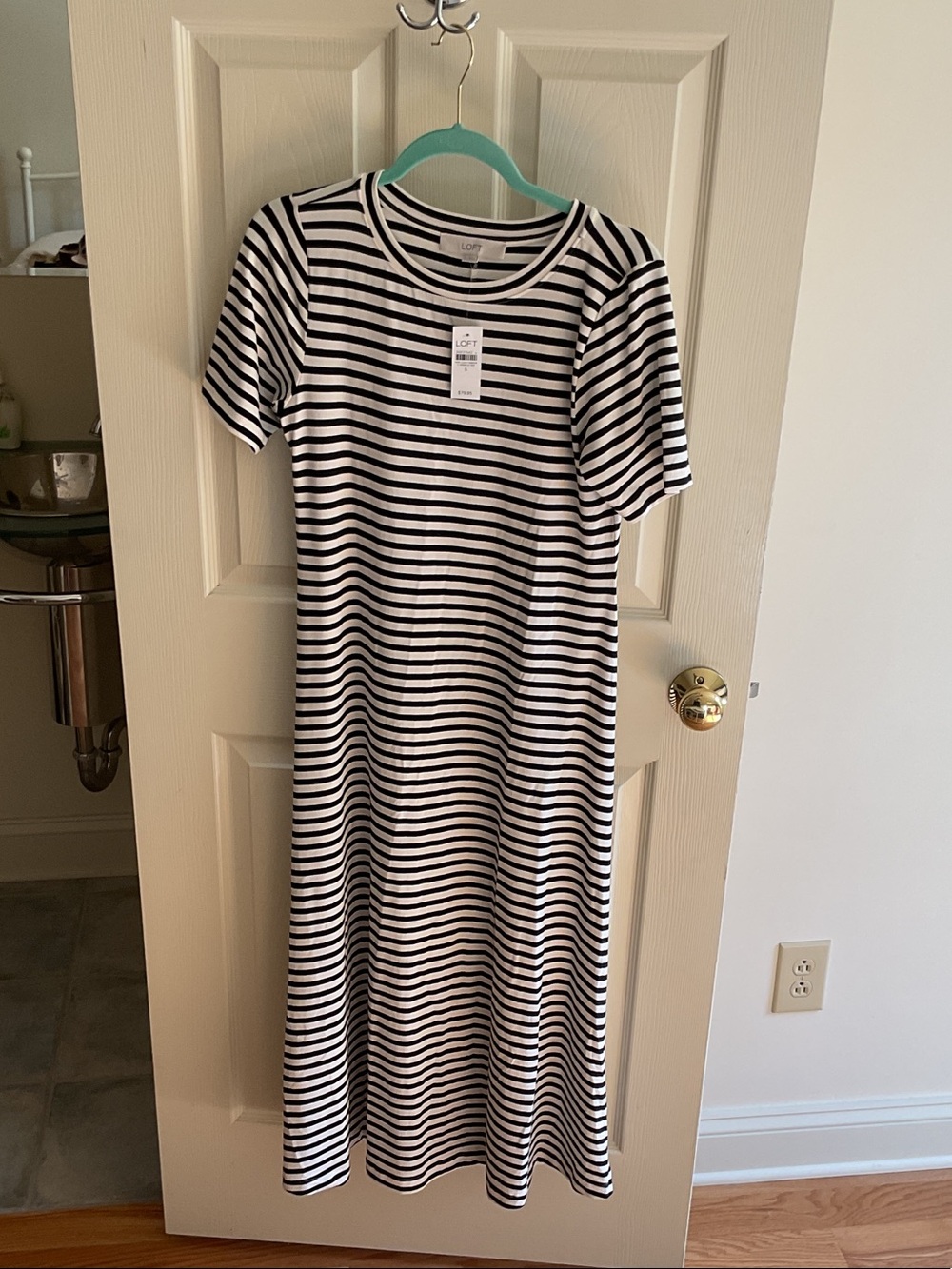 LOFT Black and White Striped Short Sleeve Midi Dress